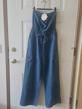 Strapless Wide-Leg Denim Jumpsuit - Blue